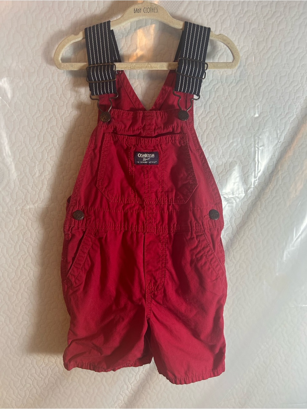 OshKosh B'gosh Bright Red Short Overalls with Striped Straps